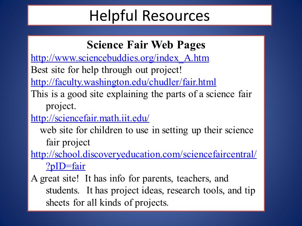 Helpful Resources Science Fair Web Pages