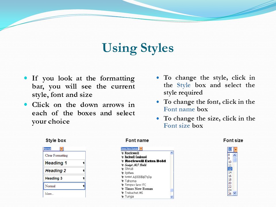 Using Styles If you look at the formatting bar, you will see the current style, font and size.