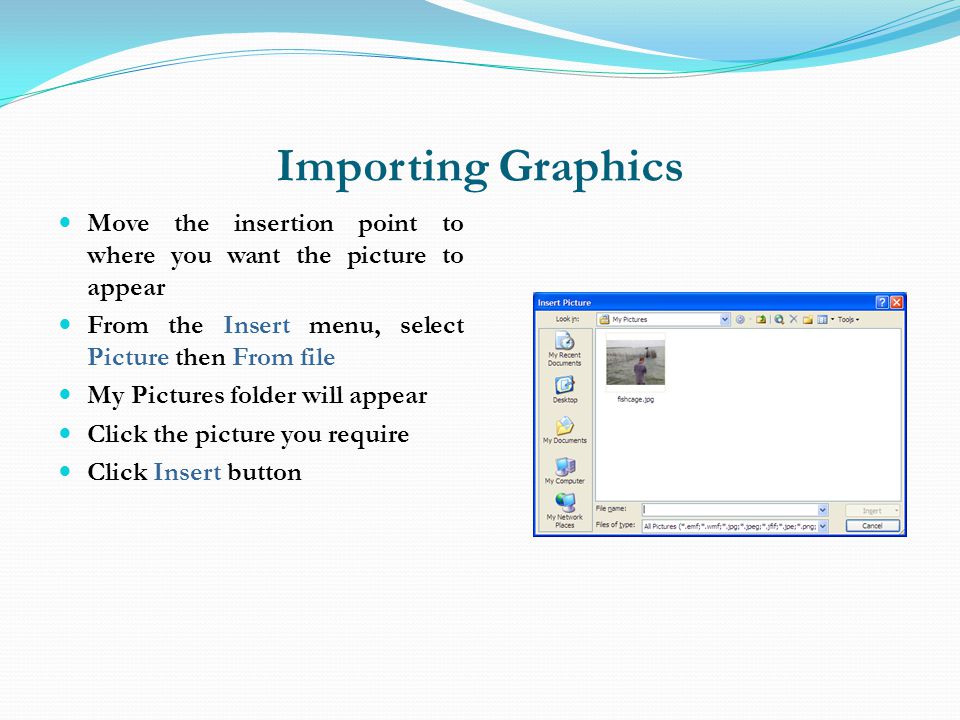 Importing Graphics Move the insertion point to where you want the picture to appear. From the Insert menu, select Picture then From file.