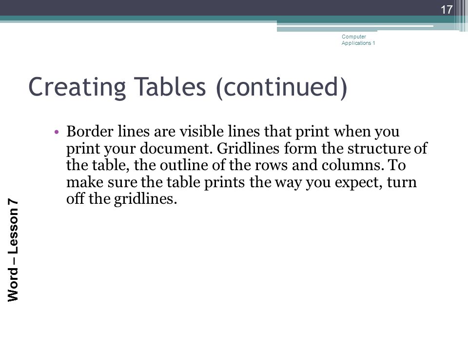 Creating Tables (continued)