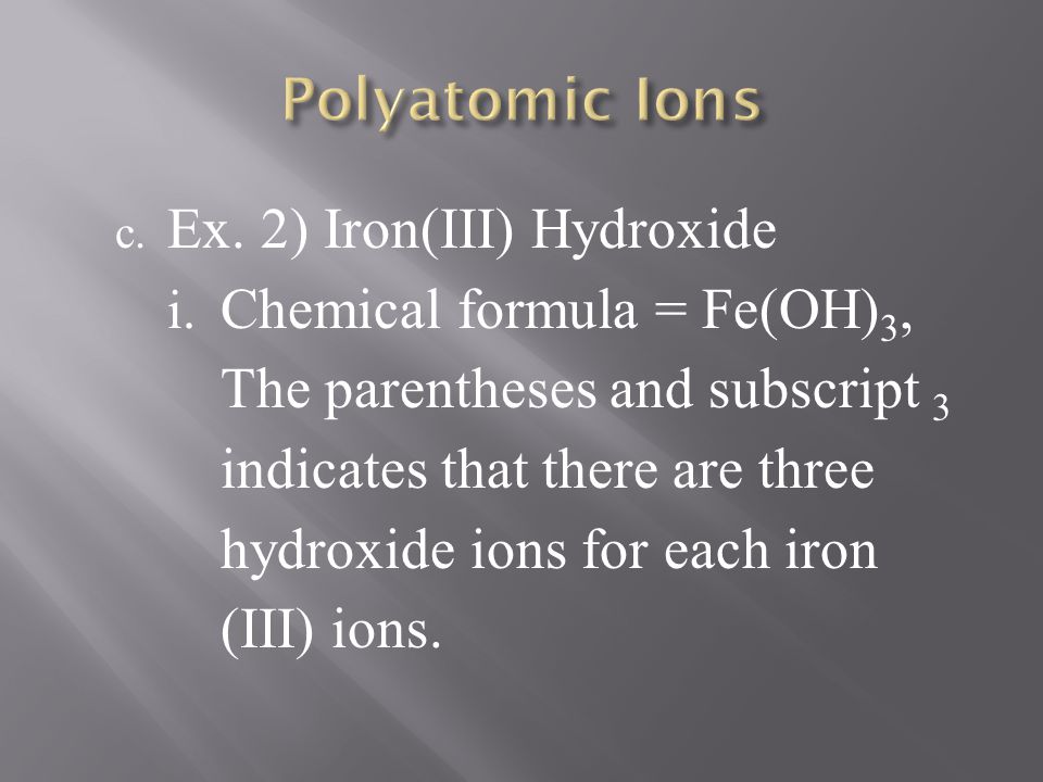 Polyatomic Ions Ex. 2) Iron(III) Hydroxide