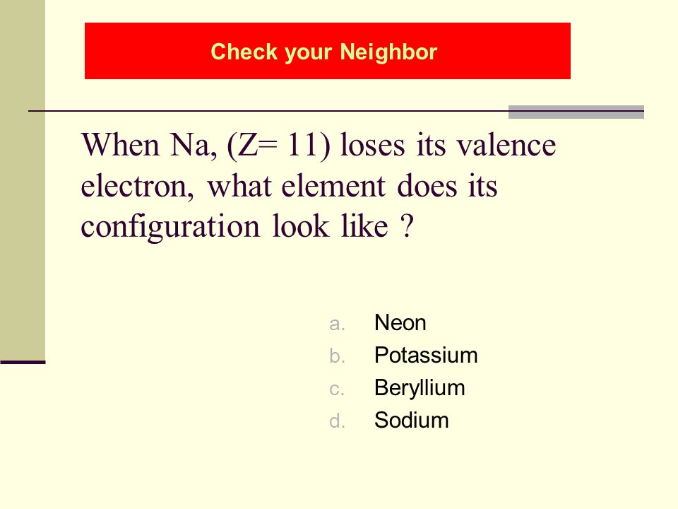 Check your Neighbor When Na, (Z= 11) loses its valence electron, what element does its configuration look like