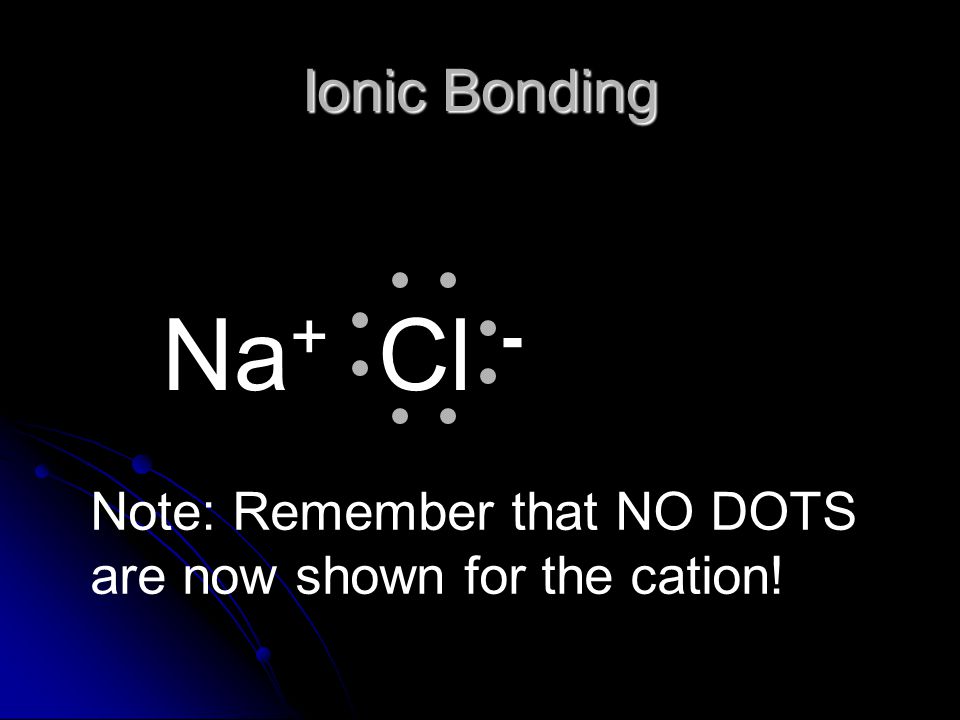 Ionic Bonding Na+ Cl - Note: Remember that NO DOTS are now shown for the cation!