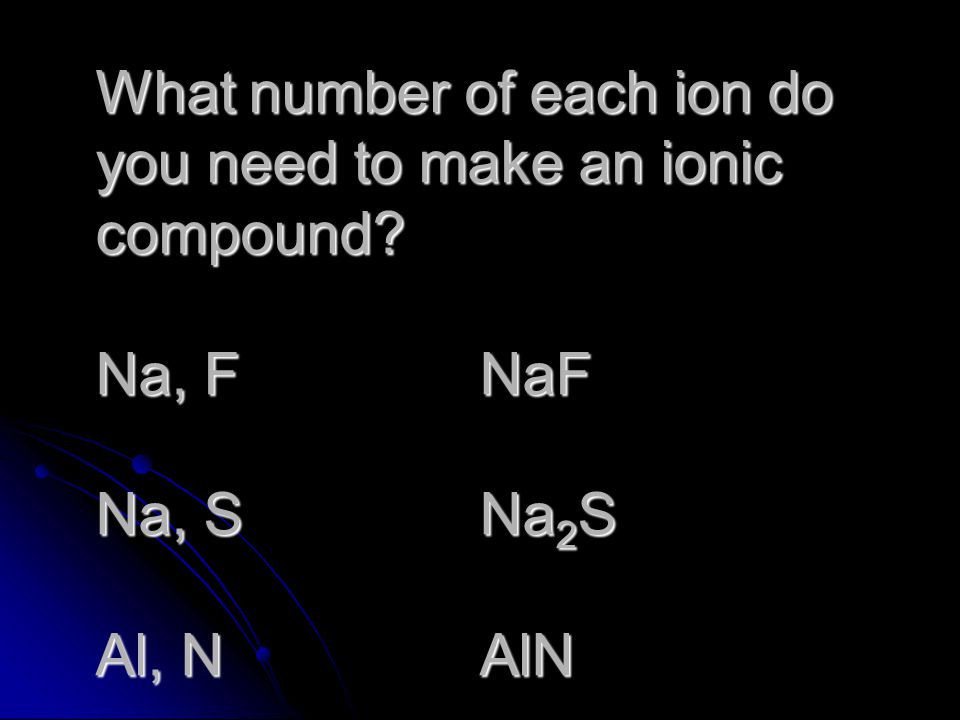 What number of each ion do you need to make an ionic compound. Na, F