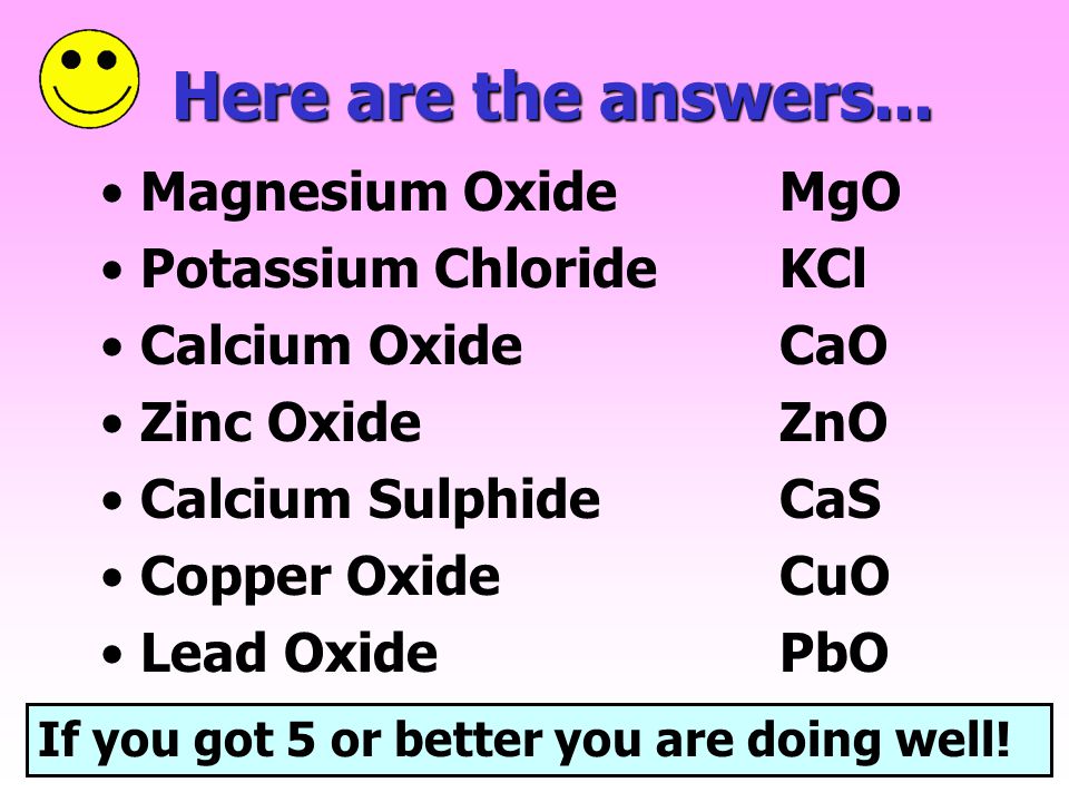 Here are the answers... Magnesium Oxide MgO Potassium Chloride KCl