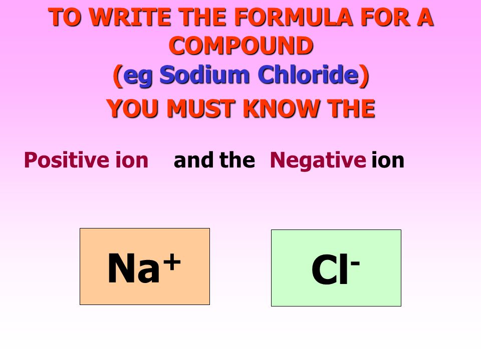 TO WRITE THE FORMULA FOR A COMPOUND (eg Sodium Chloride) YOU MUST KNOW THE
