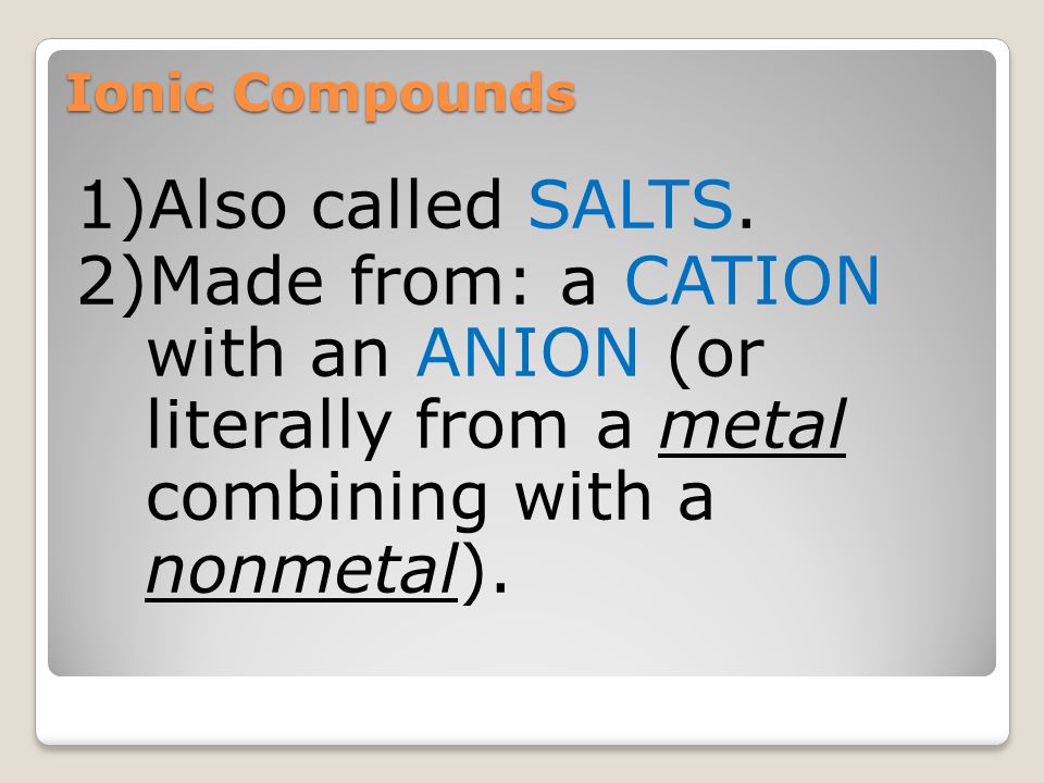 Ionic Compounds Also called SALTS.