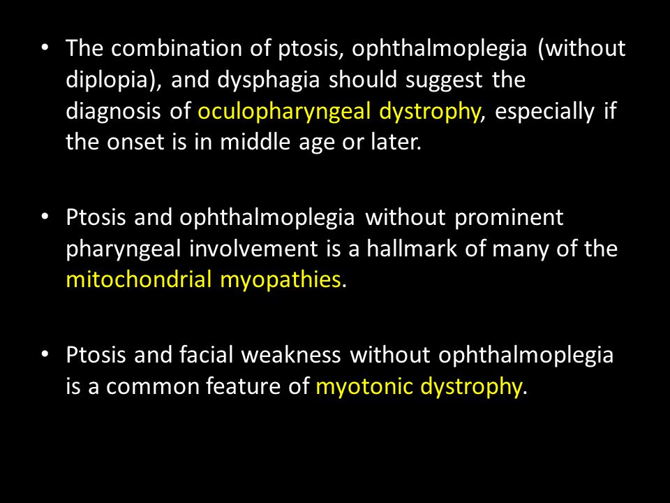 The combination of ptosis, ophthalmoplegia (without diplopia), and dysphagia should suggest the diagnosis of oculopharyngeal dystrophy, especially if the onset is in middle age or later.