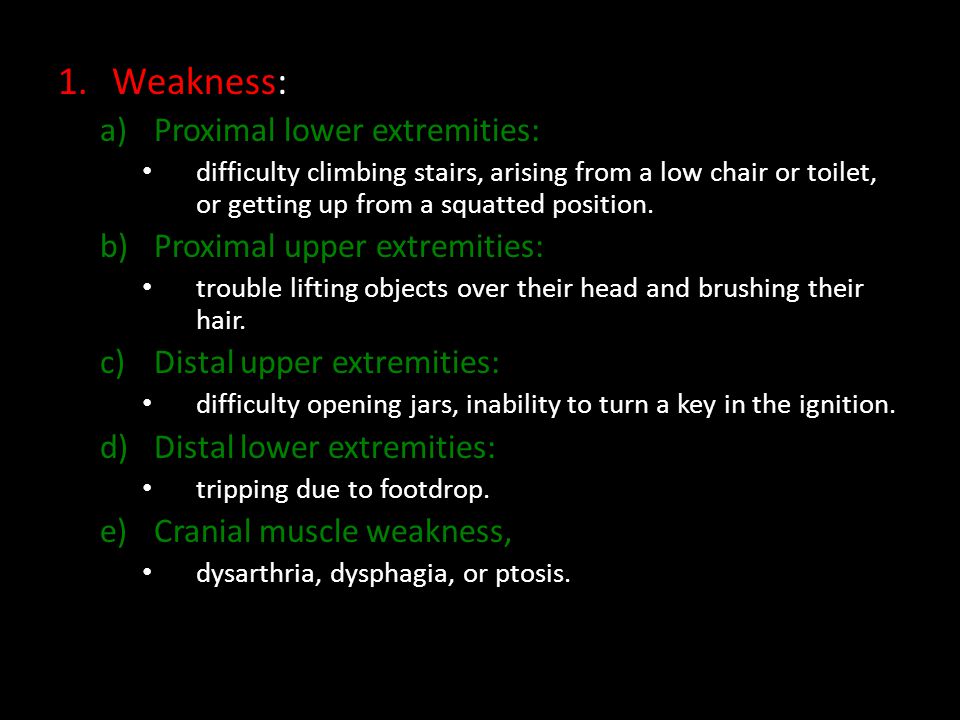 Weakness: Proximal lower extremities: Proximal upper extremities: