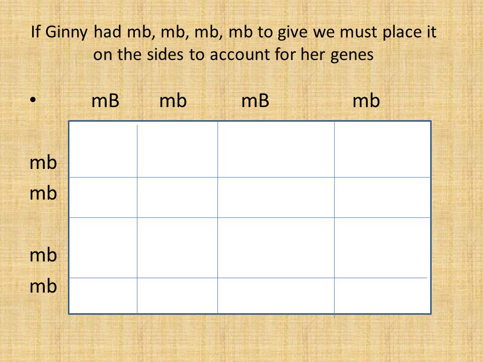 If Ginny had mb, mb, mb, mb to give we must place it on the sides to account for her genes