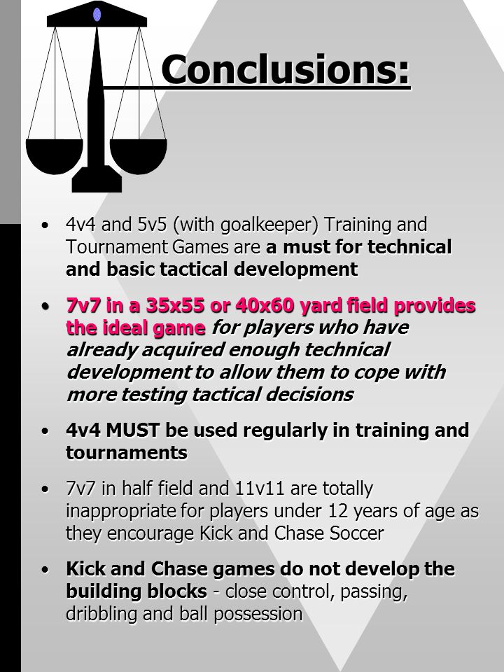 Conclusions: 4v4 and 5v5 (with goalkeeper) Training and Tournament Games are a must for technical and basic tactical development.