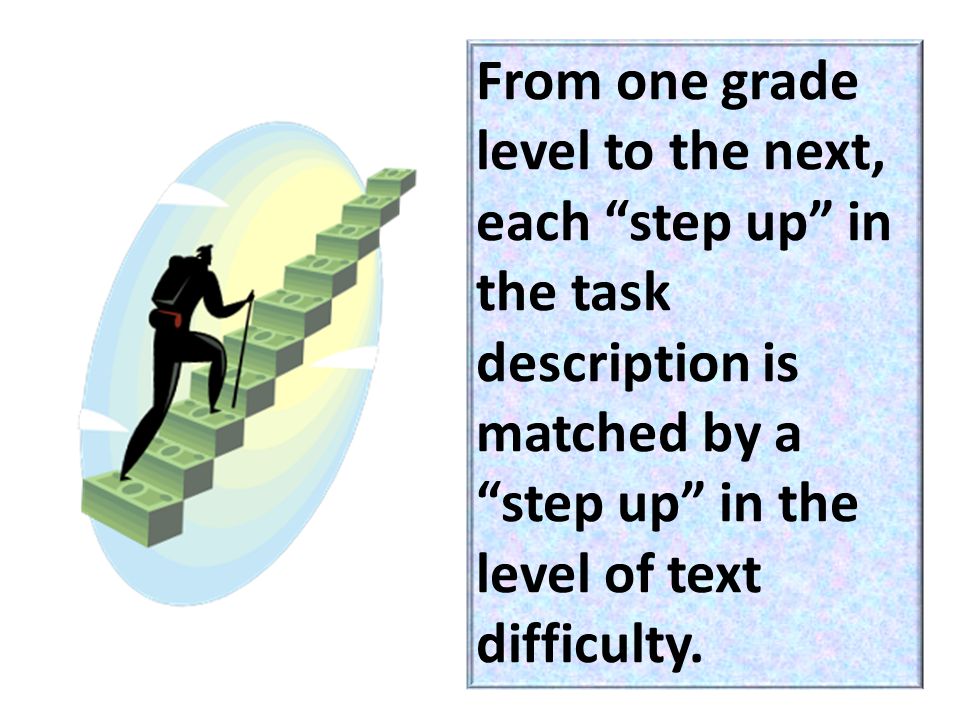 From one grade level to the next, each step up in the task description is matched by a step up in the level of text difficulty.