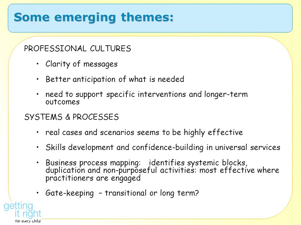 Some emerging themes: PROFESSIONAL CULTURES Clarity of messages