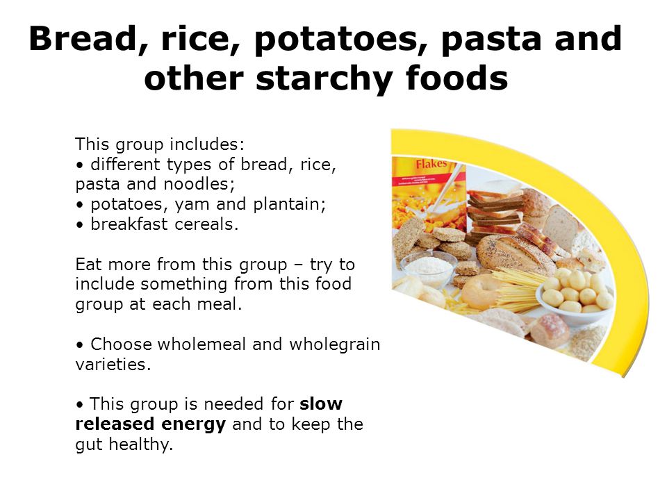 Bread, rice, potatoes, pasta and other starchy foods