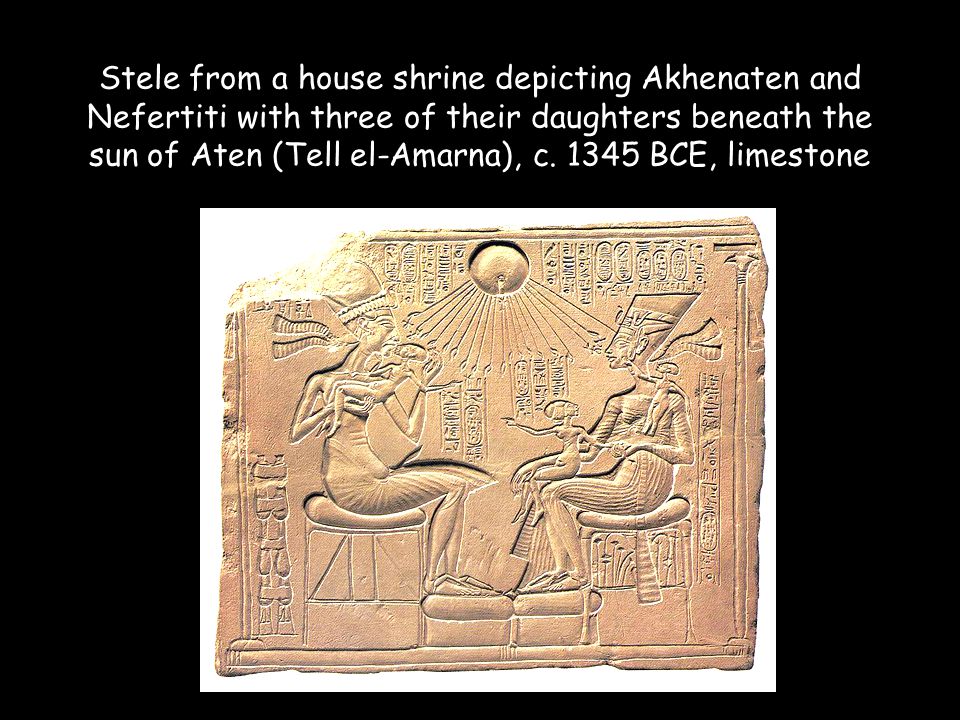 Stele from a house shrine depicting Akhenaten and Nefertiti with three of their daughters beneath the sun of Aten (Tell el-Amarna), c.