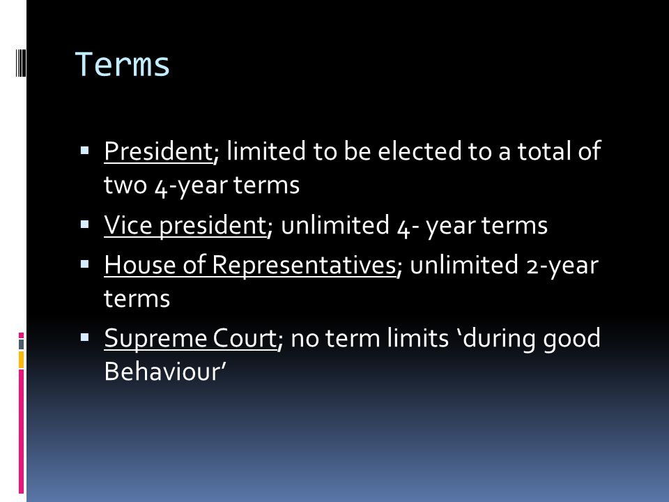 Terms President; limited to be elected to a total of two 4-year terms