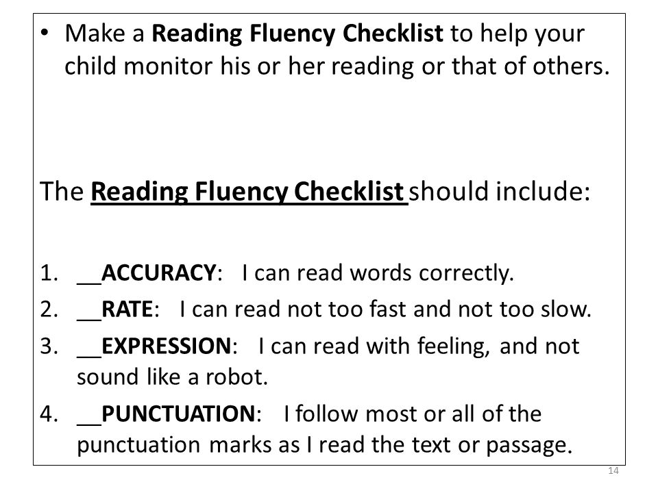 The Reading Fluency Checklist should include: