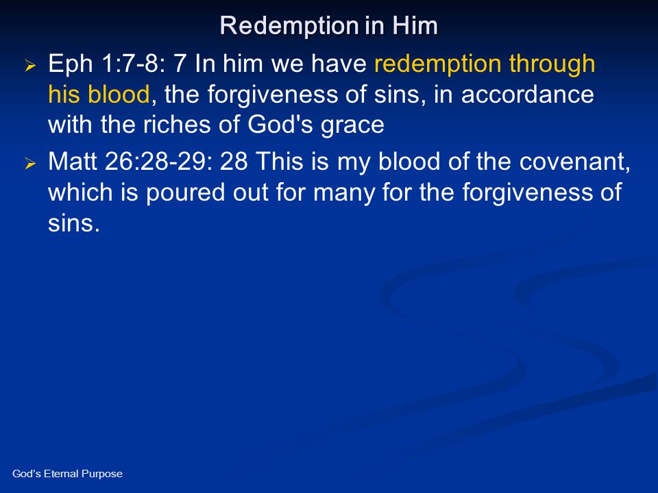 Redemption in Him Eph 1:7-8: 7 In him we have redemption through his blood, the forgiveness of sins, in accordance with the riches of God s grace.