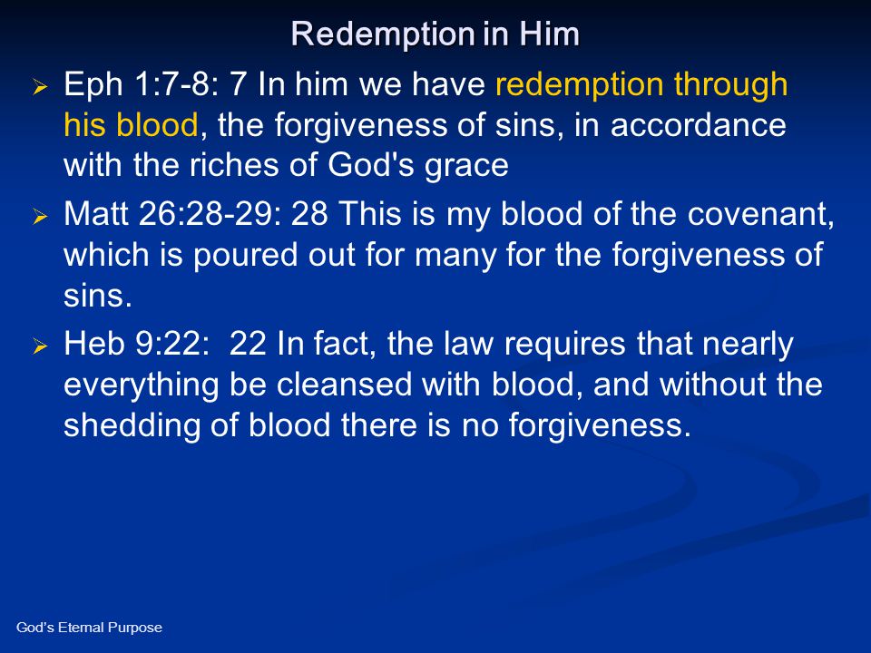 Redemption in Him Eph 1:7-8: 7 In him we have redemption through his blood, the forgiveness of sins, in accordance with the riches of God s grace.