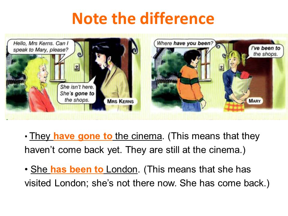 Note the difference They have gone to the cinema. (This means that they haven’t come back yet. They are still at the cinema.)