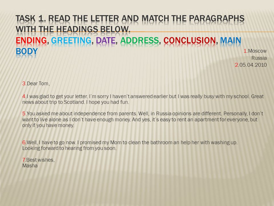 Task 1. Read the letter and match the paragraphs with the headings below. ending, greeting, date, address, conclusion, main body