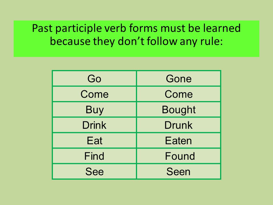 Past participle verb forms must be learned because they don’t follow any rule: