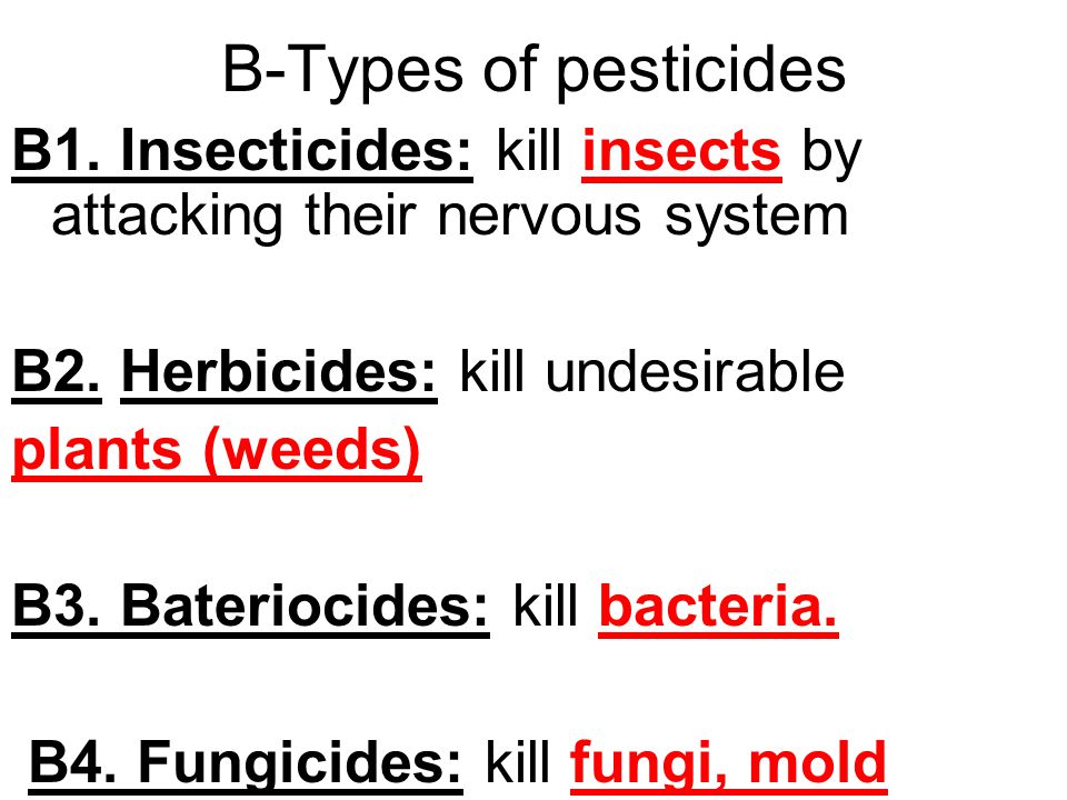 B-Types of pesticides B1. Insecticides: kill insects by attacking their nervous system. B2. Herbicides: kill undesirable.