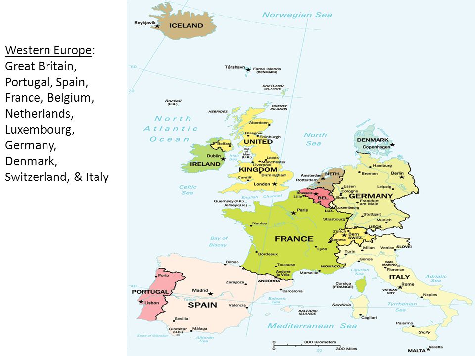 Western Europe: Great Britain, Portugal, Spain, France, Belgium, Netherlands, Luxembourg, Germany, Denmark, Switzerland, & Italy