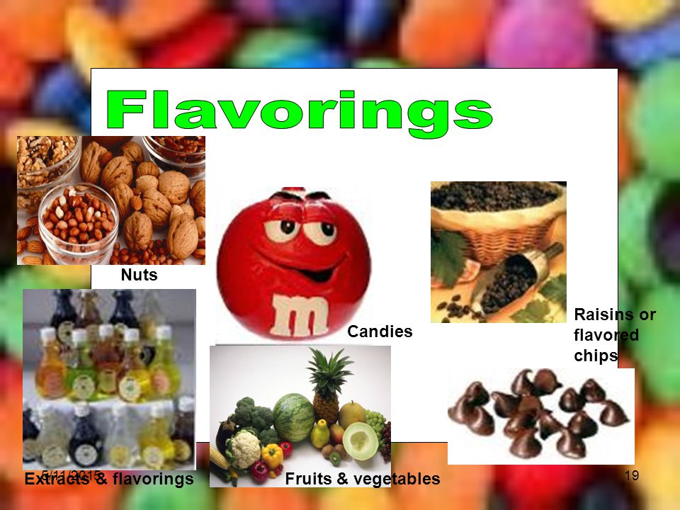 Flavorings Nuts Raisins or flavored chips Candies