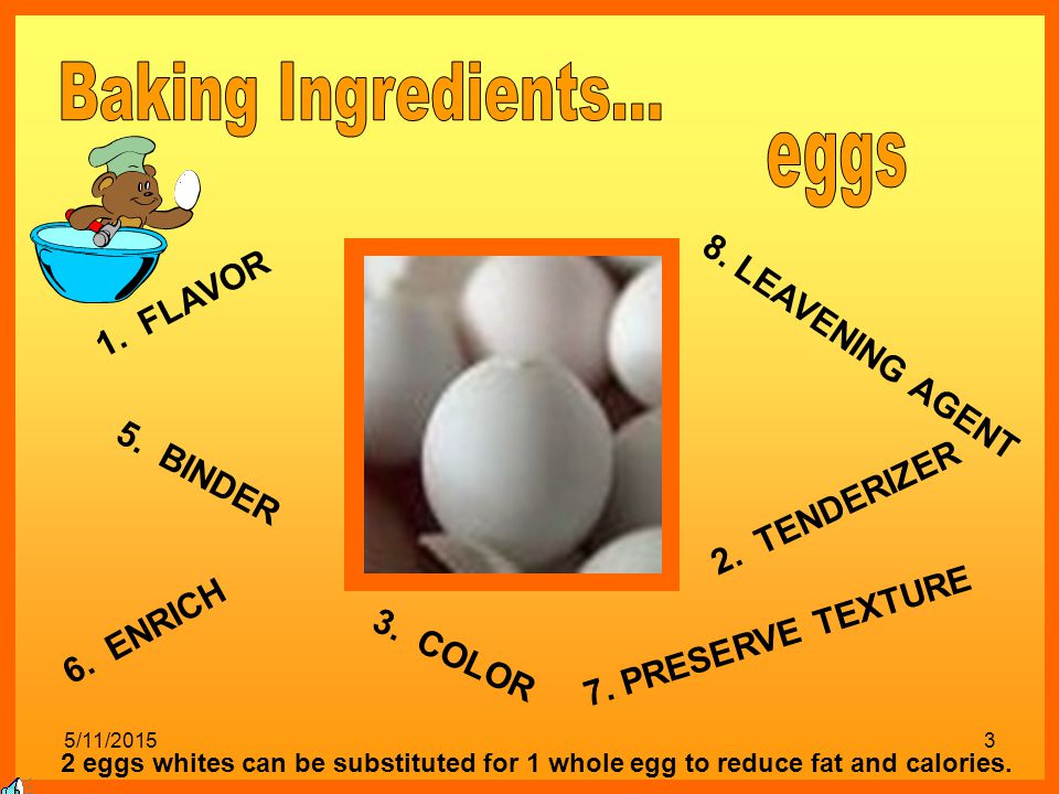 Baking Ingredients... eggs 1. FLAVOR 8. LEAVENING AGENT 5. BINDER