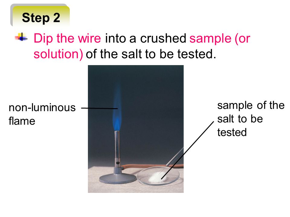 Step 2 Dip the wire into a crushed sample (or solution) of the salt to be tested. non-luminous flame.