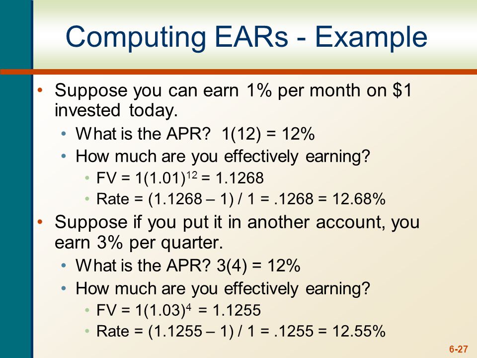 EAR - Formula Remember that the APR is the quoted rate