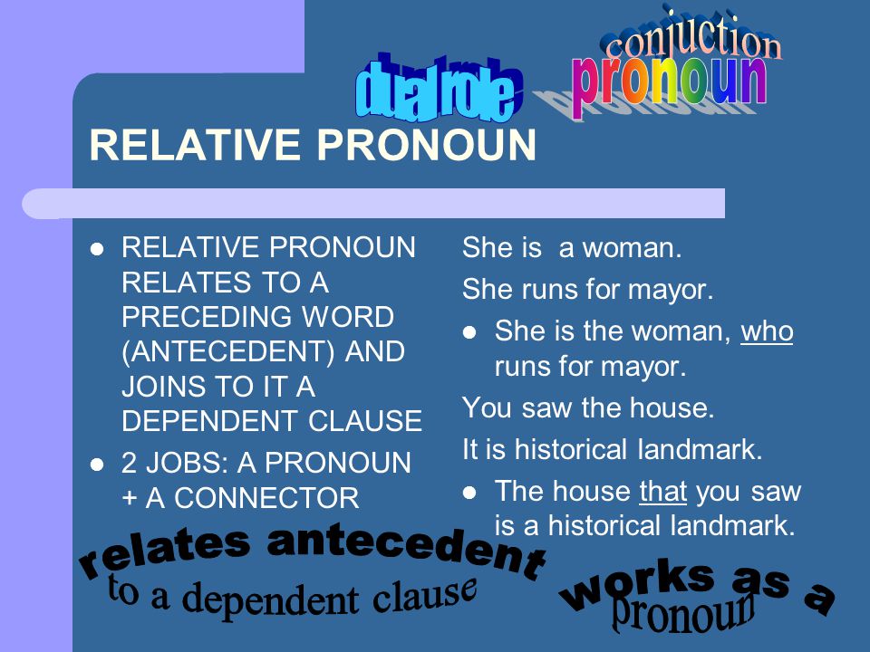 conjuction dual role pronoun RELATIVE PRONOUN relates antecedent