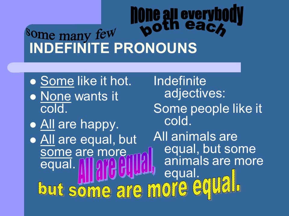 none all everybody some many few both each INDEFINITE PRONOUNS