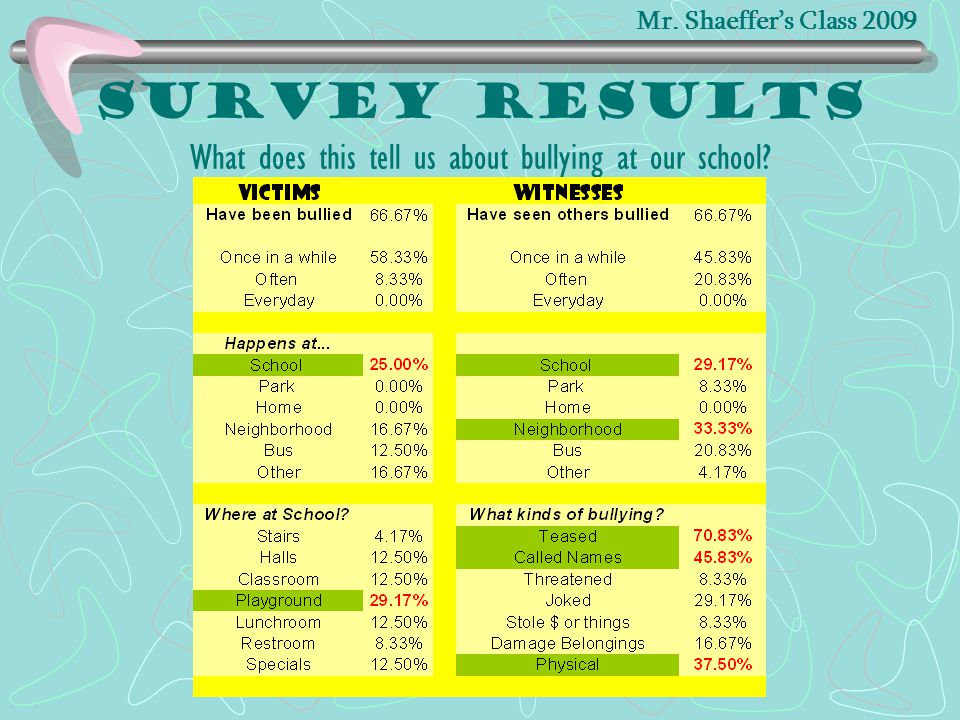 Survey Results What does this tell us about bullying at our school