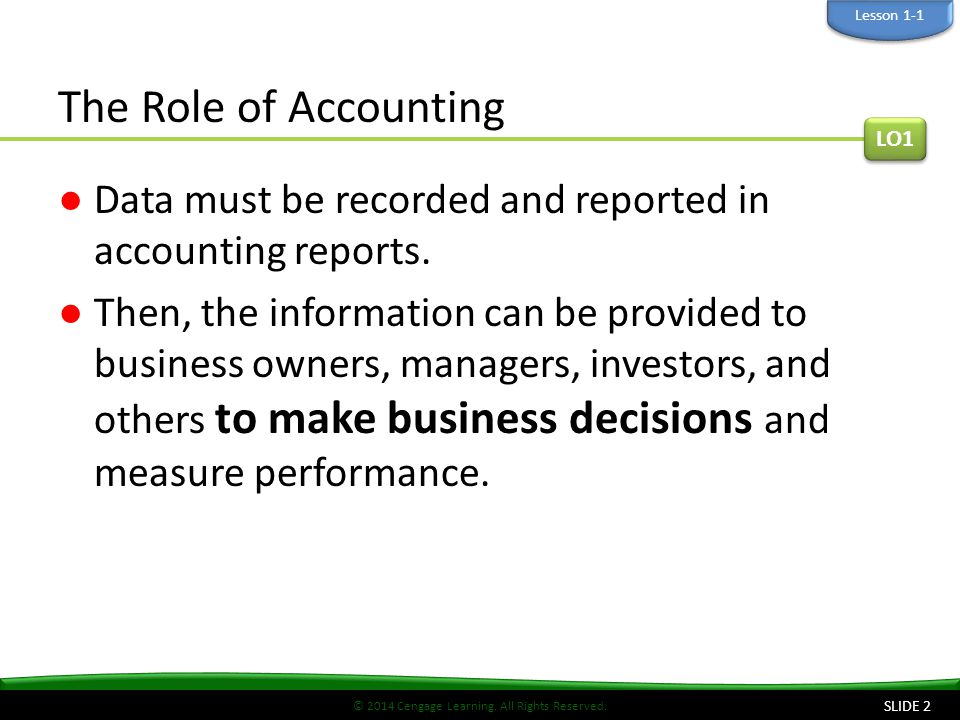 Lesson 1-1 The Role of Accounting. LO1. Data must be recorded and reported in accounting reports.