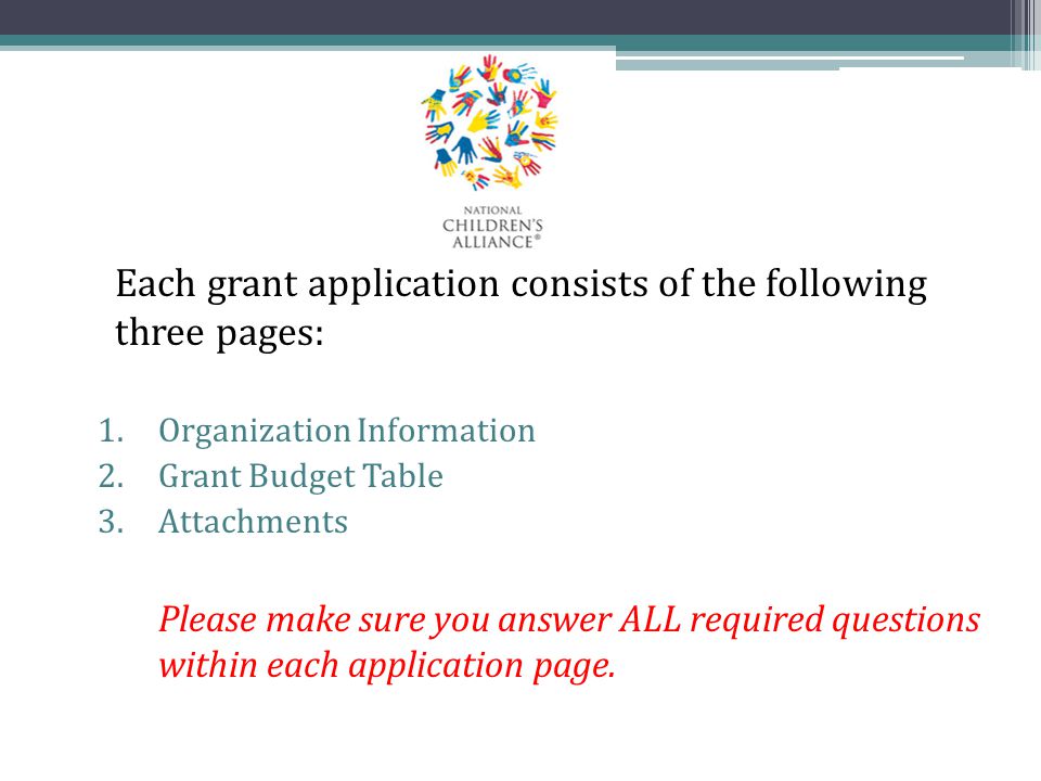 Each grant application consists of the following three pages: