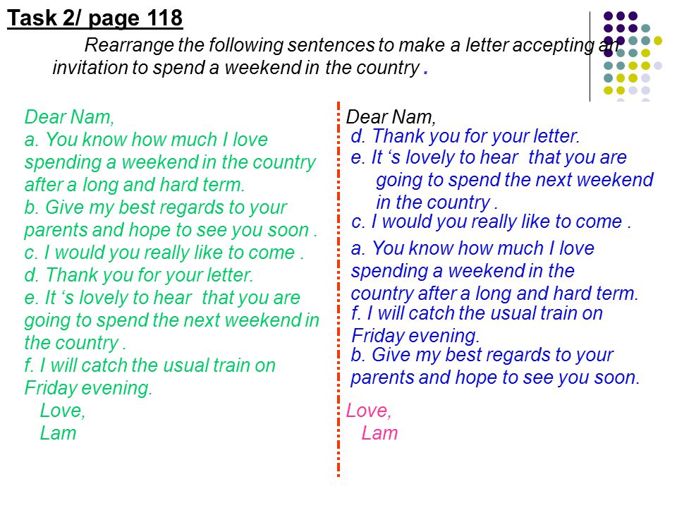 Task 2/ page 118 Rearrange the following sentences to make a letter accepting an invitation to spend a weekend in the country .