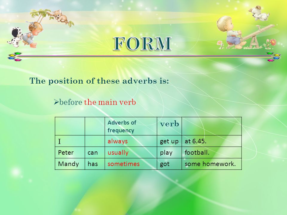 FORM The position of these adverbs is: verb before the main verb I