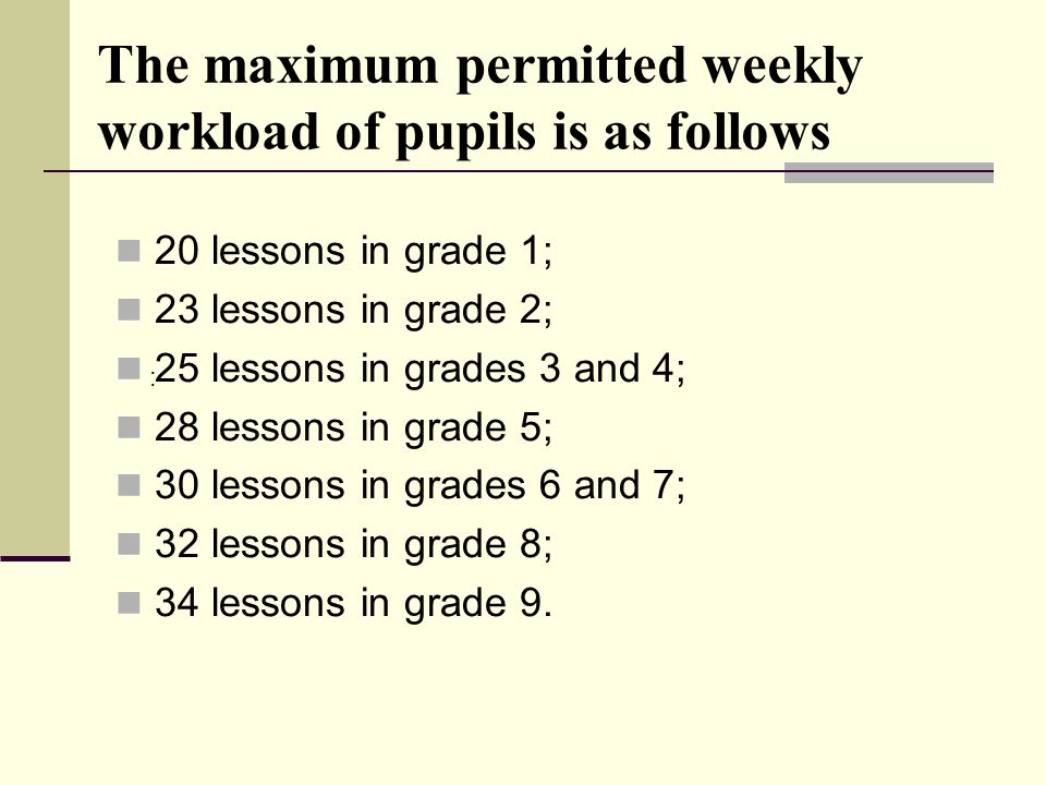 The maximum permitted weekly workload of pupils is as follows