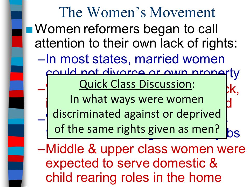The Women’s Movement Women reformers began to call attention to their own lack of rights: