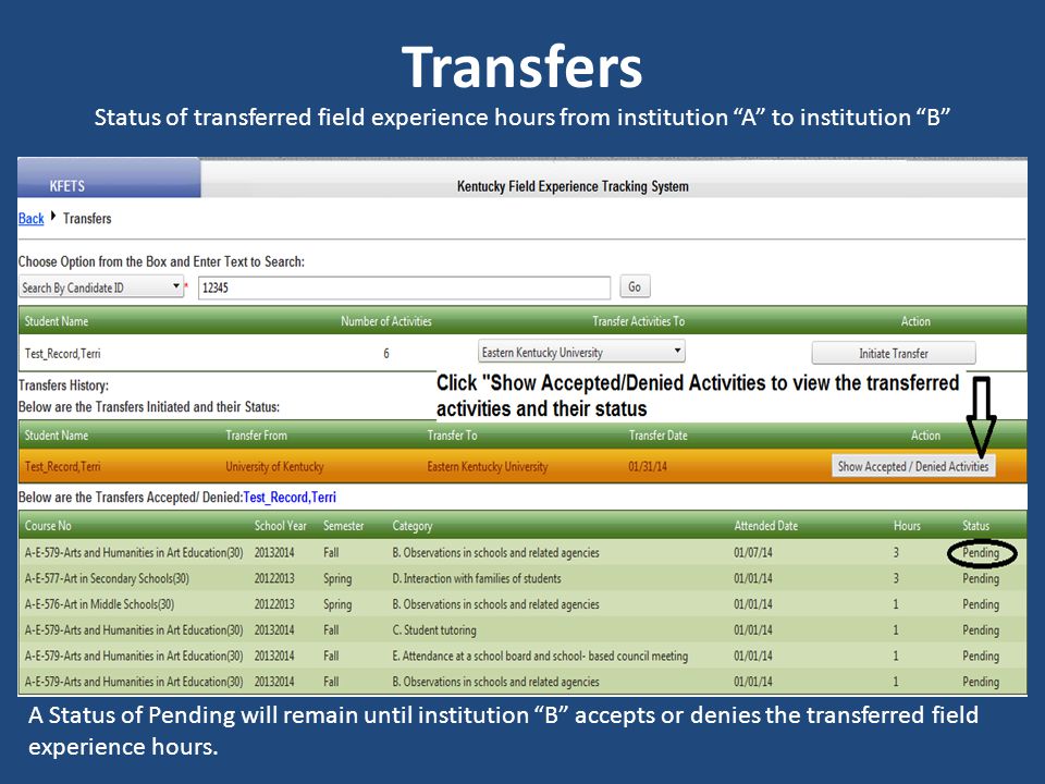 Transfers Status of transferred field experience hours from institution A to institution B