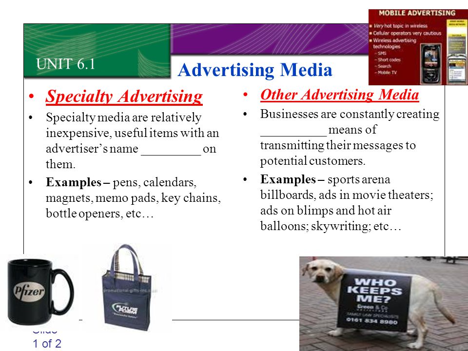 Advertising Media Specialty Advertising UNIT 6.1