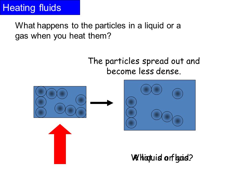 The particles spread out and become less dense.