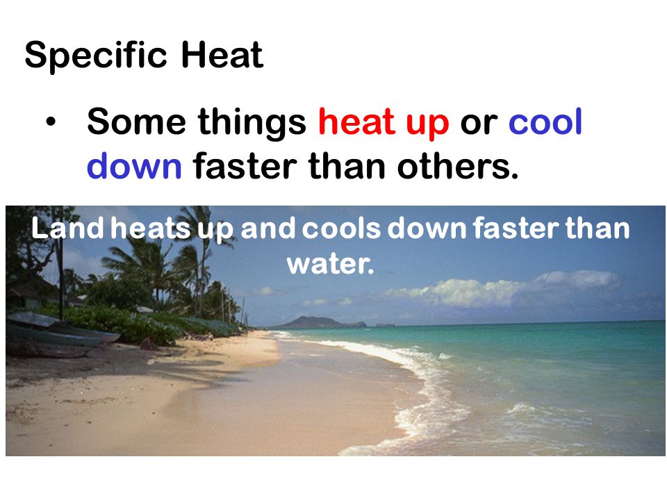 Land heats up and cools down faster than water.