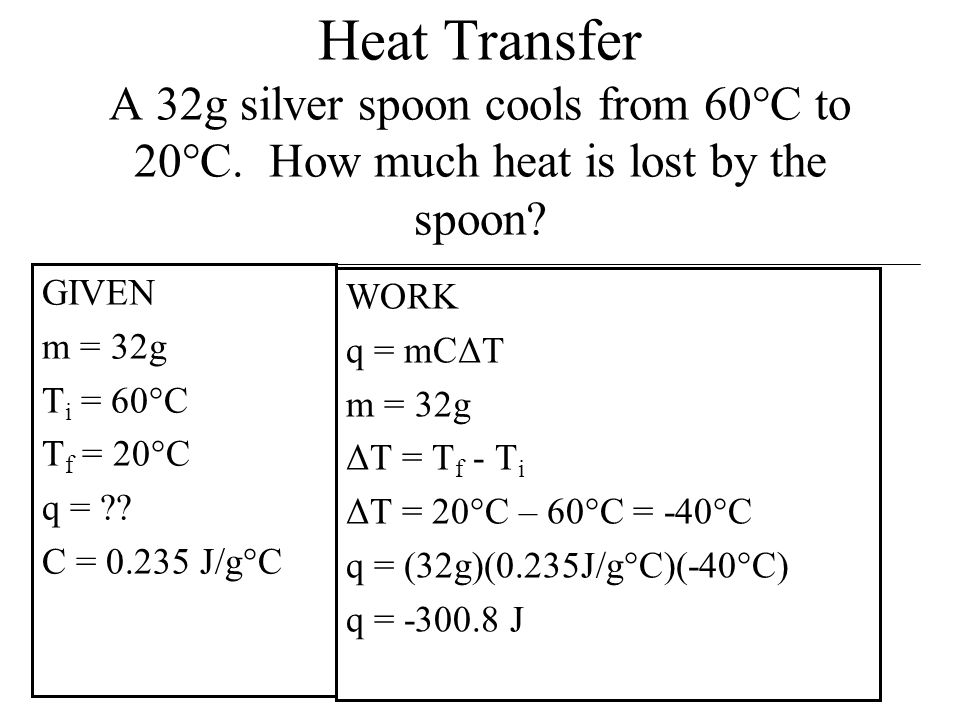 Heat Transfer A 32g silver spoon cools from 60°C to 20°C