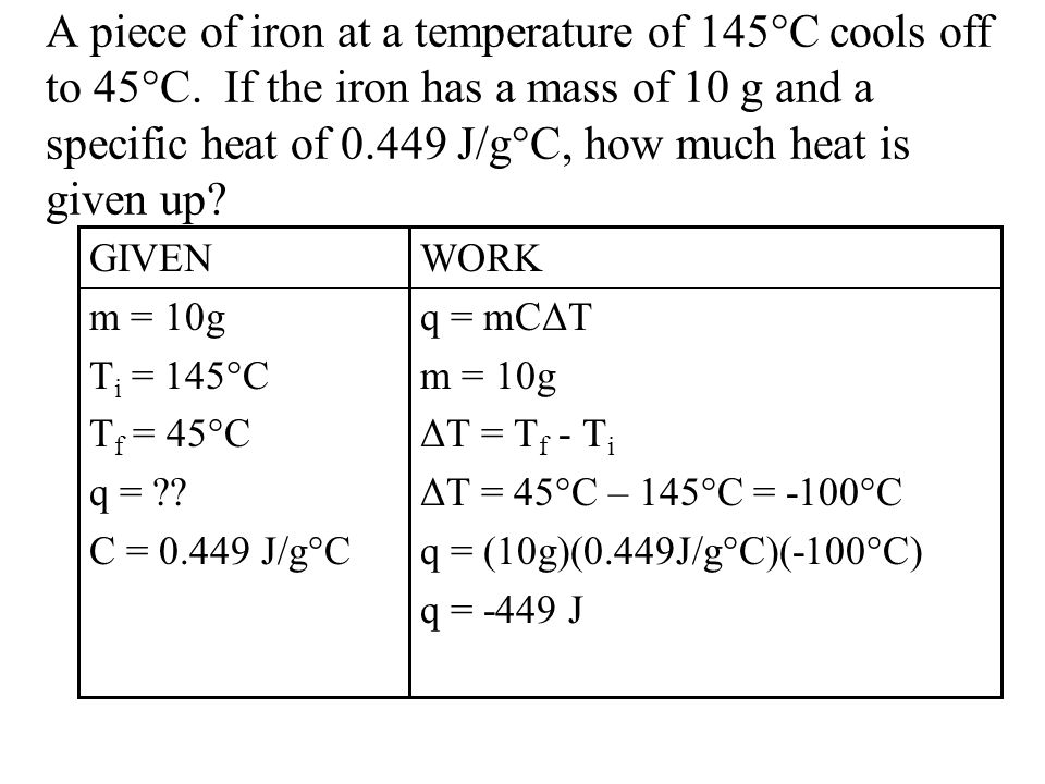 A piece of iron at a temperature of 145°C cools off to 45°C