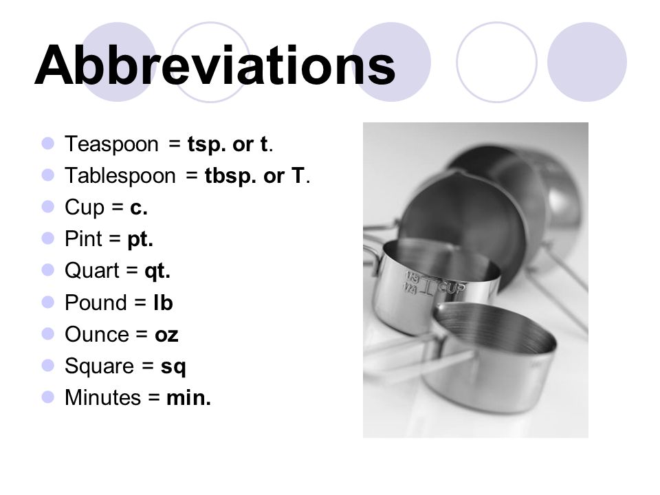 Abbreviations Teaspoon = tsp. or t. Tablespoon = tbsp. or T. Cup = c.