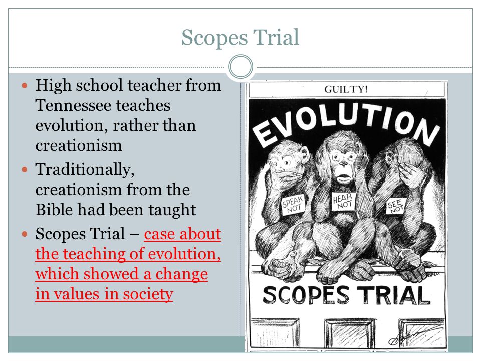 Scopes Trial High school teacher from Tennessee teaches evolution, rather than creationism.