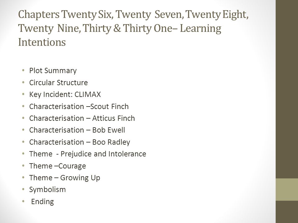 Chapters Twenty Six, Twenty Seven, Twenty Eight, Twenty Nine, Thirty & Thirty One– Learning Intentions